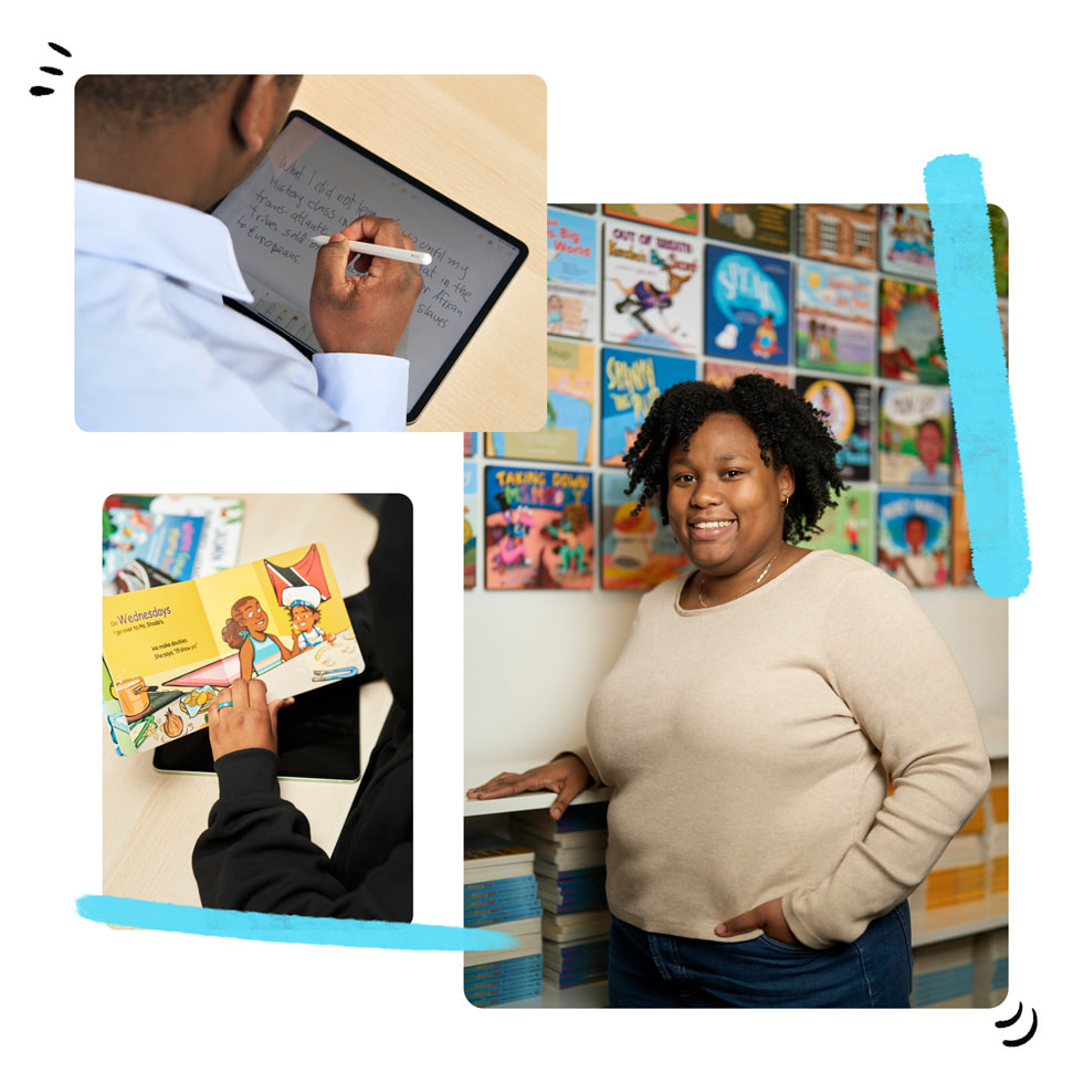 Un collage de tres imágenes: en la esquina superior izquierda, una persona usa un Apple Pencil y un iPad; en la esquina inferior izquierda, una participante hojea un libro ilustrado, y a la derecha, una participante posa frente a un fondo de libros de Shout Mouse Press.