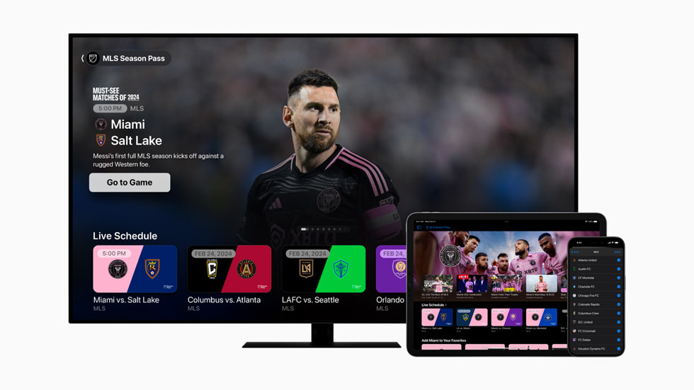 MLS Season Pass på Apple TV-appen med Inter Miami CF på en smart-TV, en 11-tommers iPad Pro og en iPhone 15 Pro.