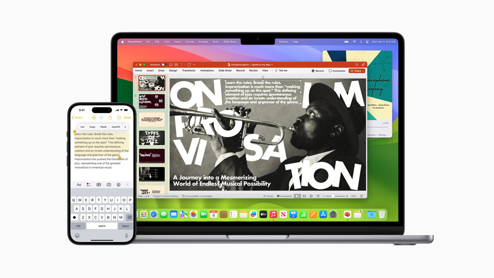 En kontinuitetsfunktion vises på tværs af MacBook Air og iPhone 15 Pro, hvor en brugers PowerPoint-præsentation dukker op på begge skærme.