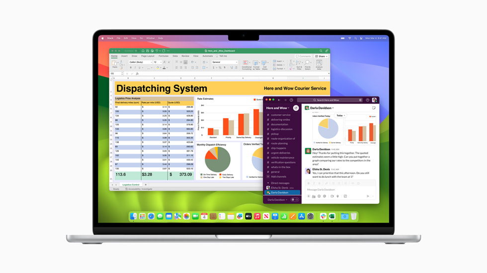 Excel og Slack vises på den nye MacBook Air.