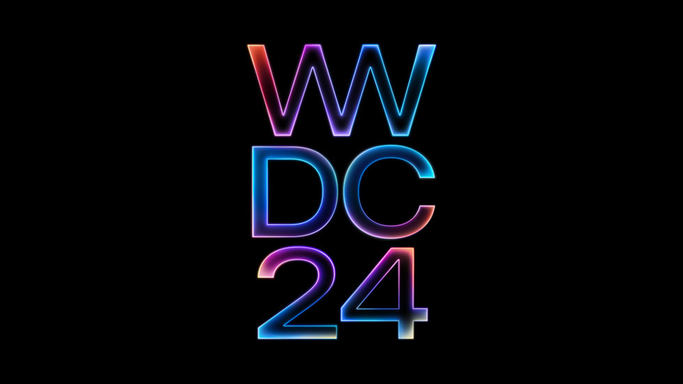 WWDC24 مكتوبة بخط معدني متعدد الألوان على خلفية سوداء.