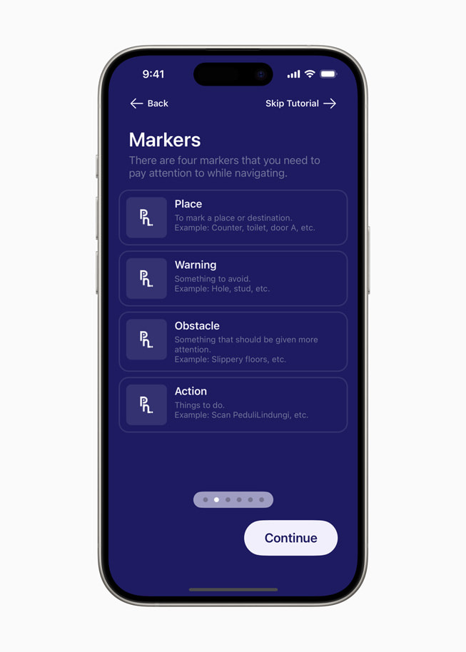 Ekran „Markers” (Oznaczenia) w aplikacji PetaNetra z pokazanymi czterema oznaczeniami: miejsce, ostrzeżenie, przeszkoda i działanie, na które trzeba uważać podczas nawigacji. 