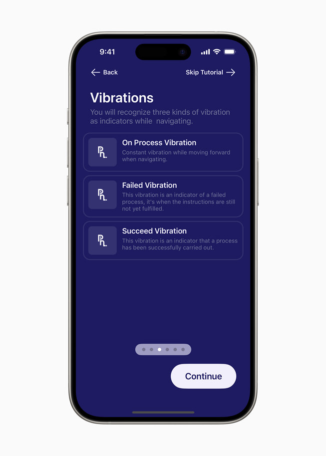 Ekran zatytułowany „Vibrations” (Wibracje) w aplikacji PetaNetra, na którym objaśniono trzy rodzaje wibracji służące za sygnały nawigacyjne: wibracje oznaczające trwającą akcję, wibracje oznaczające niepowodzenie, wibracje oznaczające sukces. 