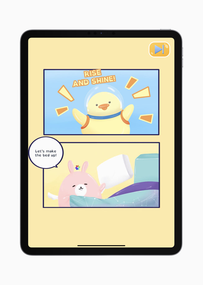 Ekran z zabawy w tangram w grze WonderJack na iPadzie przedstawiający komiks złożony z dwóch kadrów. Na pierwszym widać kurczaka, który krzyczy „Pobudka!”, a na drugim jest niedźwiadek mówiący „Czas pościelić łóżko!”.