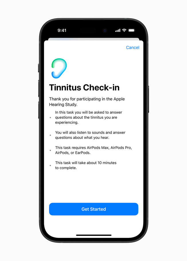 iPhone 15 Pro shows a screen from the Apple Hearing Study that says “Tinnitus Check-In,” followed by instructions.