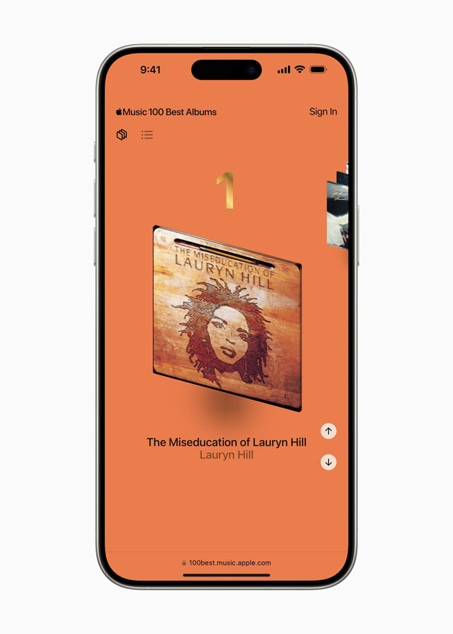 A screen on iPhone 15 Pro Max shows the No. 1 album in Apple Music’s 100 Best Albums list, Lauryn Hill’s “The Miseducation of Lauryn Hill.”