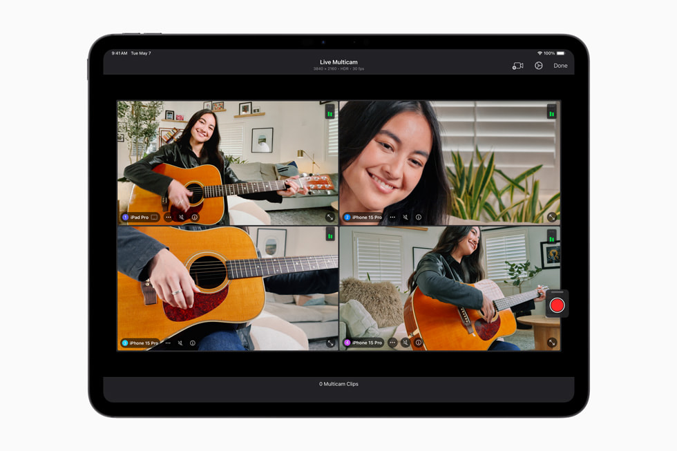 Live Multicam في تطبيق Final Cut Pro for iPad 2 معروضة على جهاز iPad Pro.