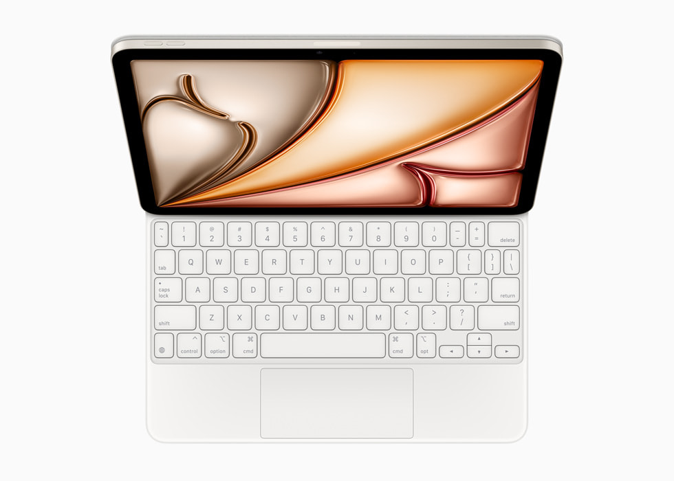 巧控鍵盤與新款 iPad Air 的俯視圖。