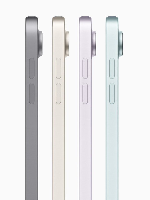 提供四種顏色選擇的新款 iPad Air 側面圖。