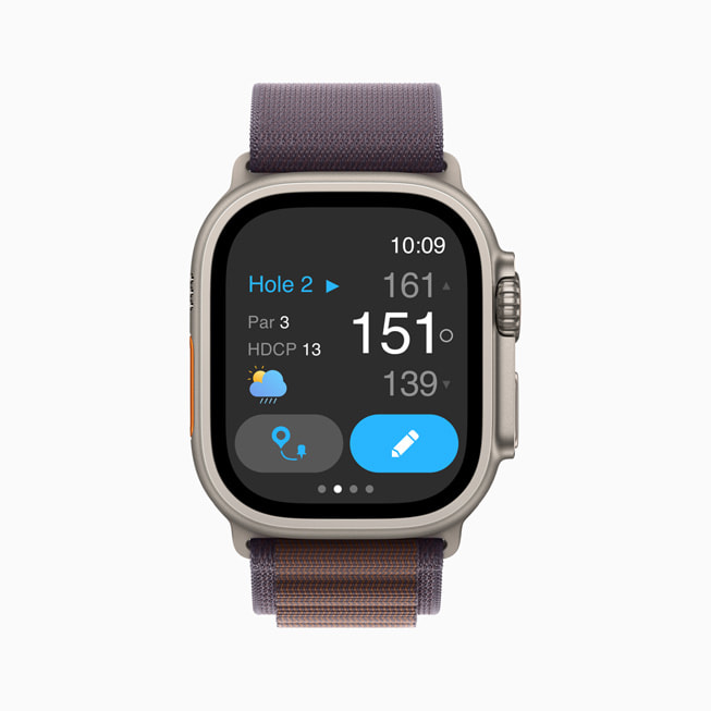 Ilustracja przedstawiająca aplikację 18Birdies Golf GPS Tracker na Apple Watch.
