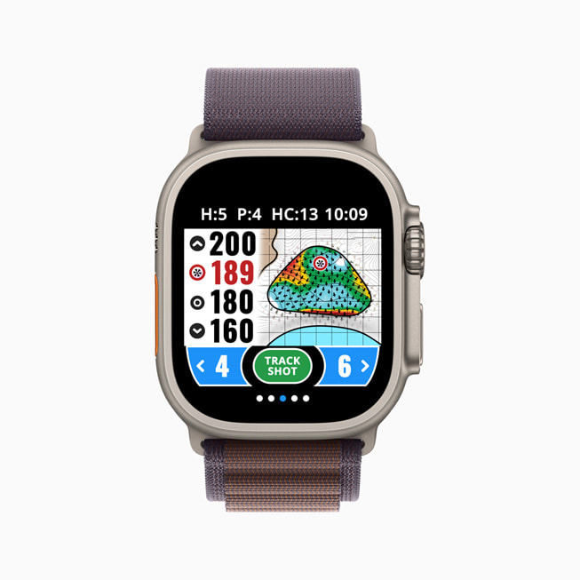 Ilustracja przedstawiająca aplikację GolfLogix na Apple Watch.