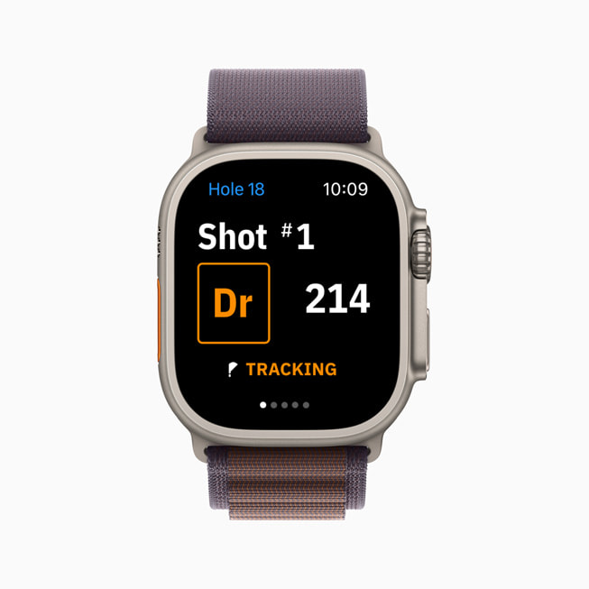 ميزة التتبع التلقائي للتسديدة في Golfshot تظهر على ساعة Apple Watch.