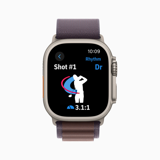 Rytm och annan statistik visas i appen Golfshot på Apple Watch.