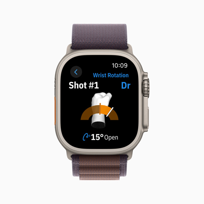 V aplikaci Golfshot na hodinkách Apple Watch se zobrazuje údaj o rotaci zápěstí