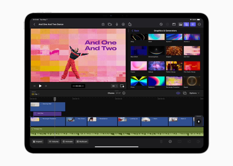 Arrière-plans dynamiques montrés dans Final Cut Pro pour iPad 2 sur un iPad Pro 13 pouces en noir infini.