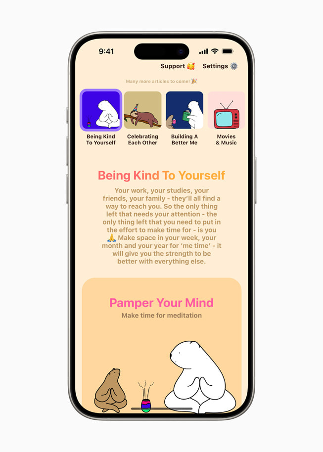 iPhone 15 Pro 上顯示《Bears Gratitude》內的「善待自己」文章。