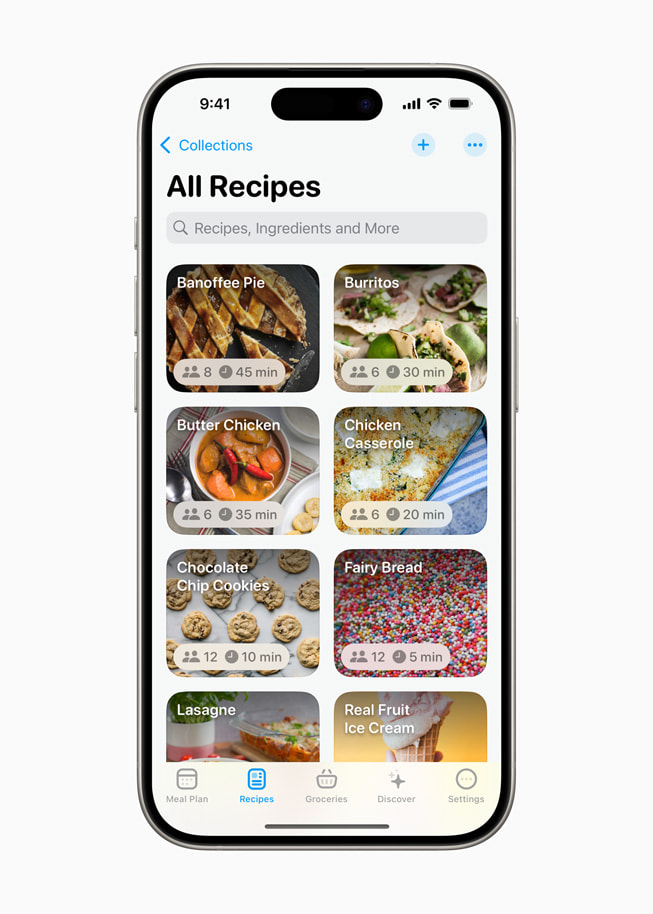 La page recettes de l’app Crouton affichée à l’écran d’un iPhone 15 Pro. 