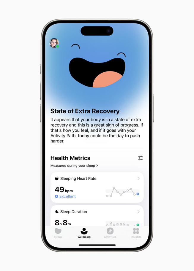 The Wellbeing page showing Health Metrics in the Gentler Streak app displayed on iPhone 15 Pro. 