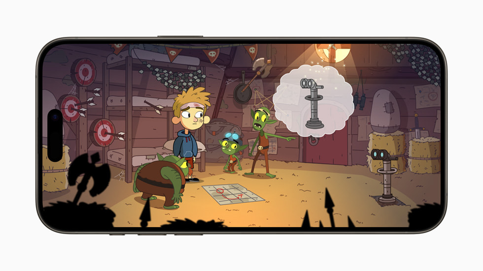 Une scène du jeu Lost in Play affichée à l’écran d’un iPhone 15 Pro. 