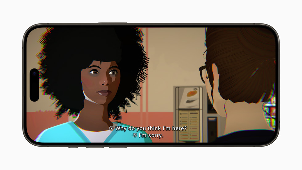 Une scène tirée du visual novel The Wreck affichée à l’écran d’un iPhone 15 Pro.