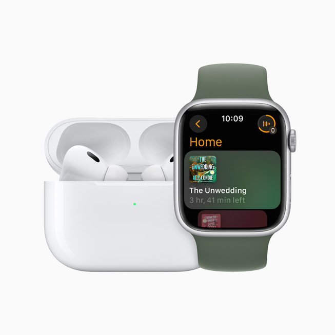 The Unwedding by Ally Condie audiobook is shown on Apple Watch Series 9 next to AirPods Pro.