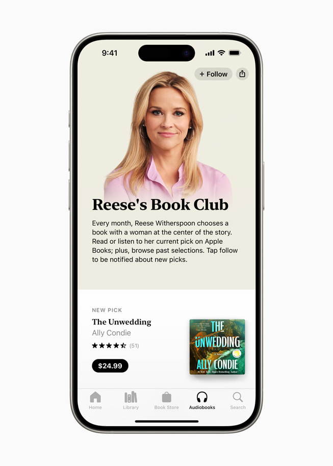 The new page on Apple Books dedicated to Reese’s Book Club is shown on iPhone 15 Pro.