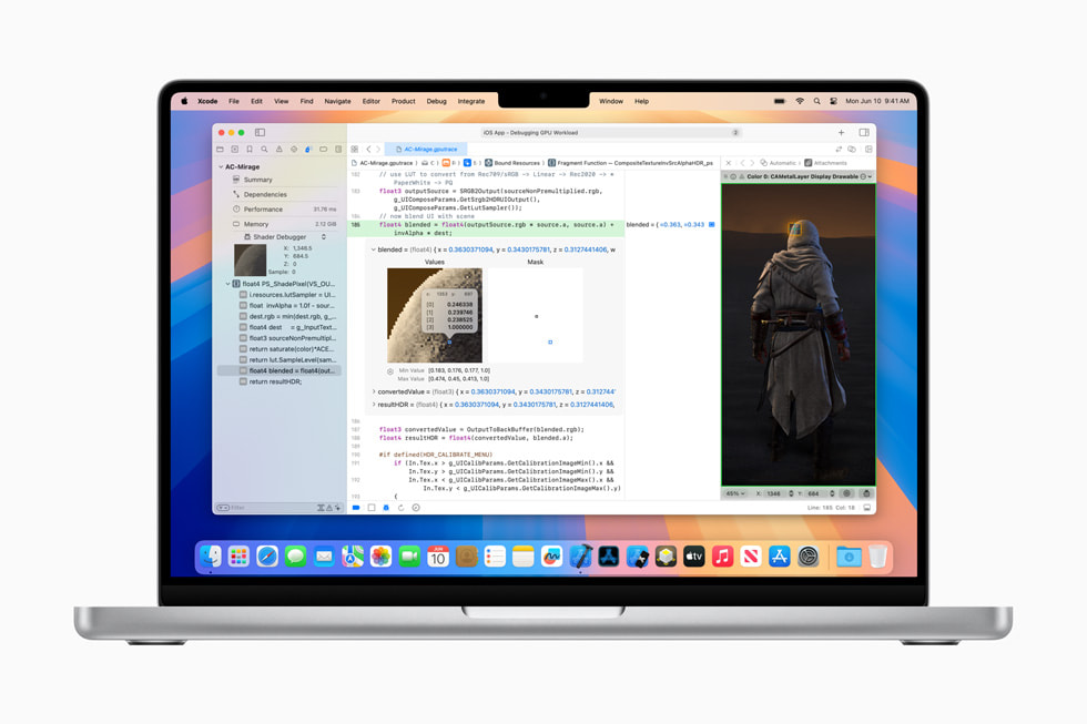 14 吋 MacBook Pro 上 HLSL 著色器的偵錯與分析來源功能。