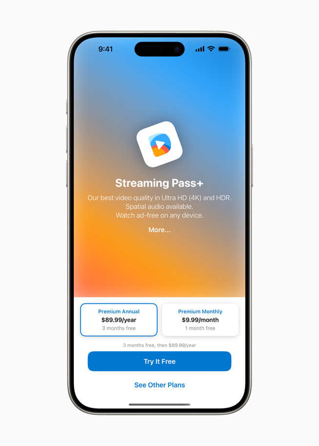Streaming Pass+ is shown on iPhone 15 Pro.