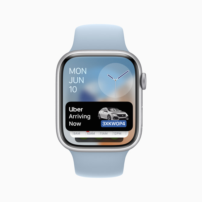 Uber Live Activities enabled by Smart Stack is shown on Apple Watch with S9.