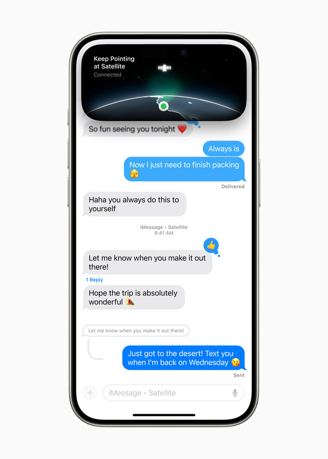 Messages via satellite is shown on iPhone 15 Pro.