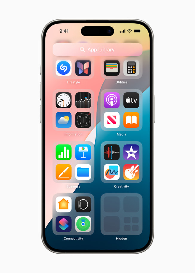 The hidden apps folder is shown on iPhone 15 Pro.