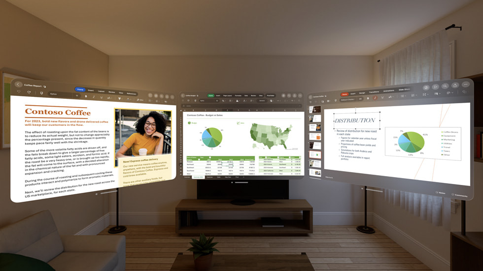 Apple Vision Pro’da Microsoft Word, Excel ve PowerPoint gösteriliyor.
