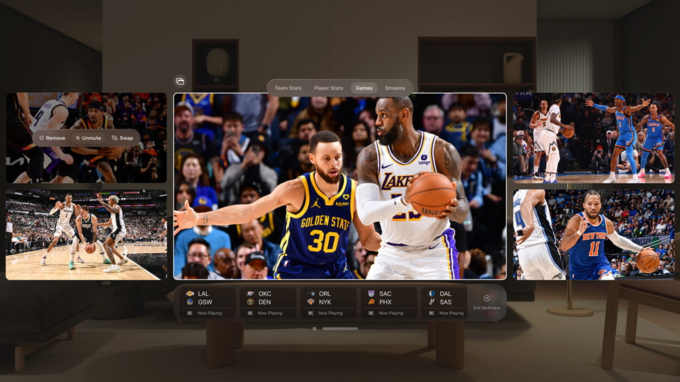 Hình ảnh giải đấu NBA trong chế độ Nhiều Cửa Sổ trên Apple Vision Pro.