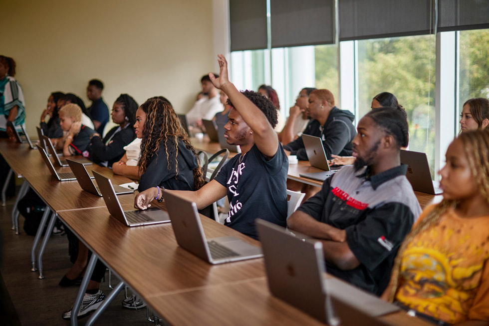 On the Tennessee State University campus, students sit at desks during the PROPEL Center Arts & Entertainment Industry Accelerator.