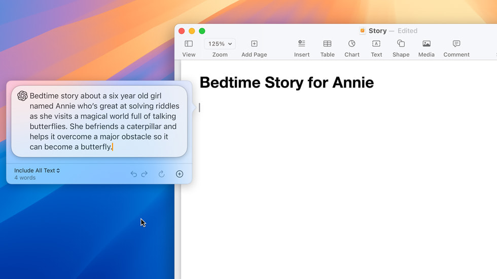Using the Compose tool in Pages, a user enters a prompt about writing a bedtime story about a 6-year-old named Annie who’s great at solving riddles.