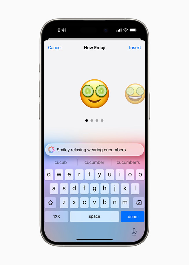 A user selects Genmoji options based on the prompt, “Smiley relaxing wearing cucumbers.”
