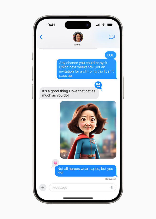 ในแอปข้อความบน iPhone 15 Pro ภาพที่สร้างขึ้นด้วย Image Playground เป็นภาพของคุณแม่ของผู้ใช้ที่มีการแต่งภาพในสไตล์ของซูเปอร์ฮีโร่