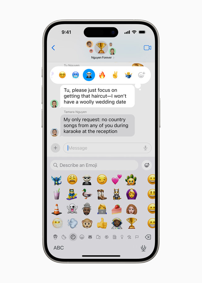 In Messages, a user is presented with an array of Genmoji options to use as a Tapback.
