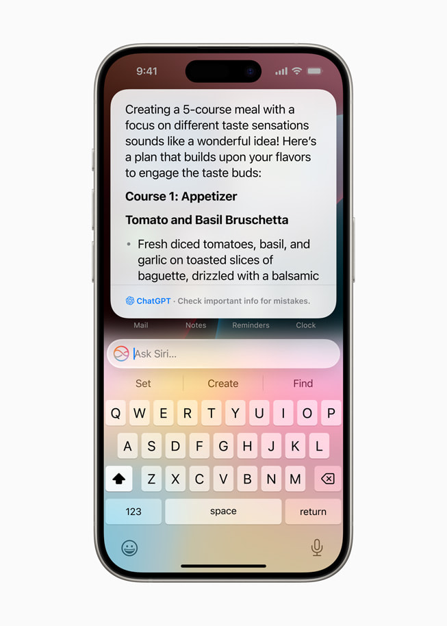 บน iPhone 15 Pro มีการแสดงผลลัพธ์ของ ChatGPT ผ่าน Siri อาหารมื้อแรก ซึ่งเป็นบรุสเคตตามะเขือเทศและโหระพา ได้รับการแจกแจงรายละเอียดเป็นข้อๆ