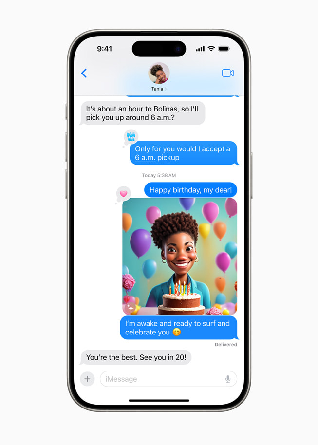 iPhone 15 Pro shows a text message conversation with an animated birthday image.