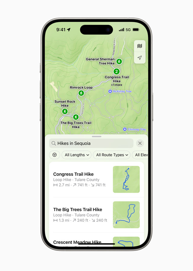 iPhone 15 Pro 顯示美洲杉國家公園內的健行路線清單。