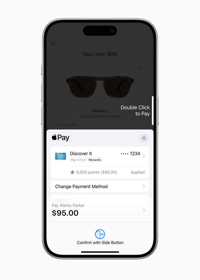 iPhone 15 Pro shows a purchase at Warby Parker with reward points.