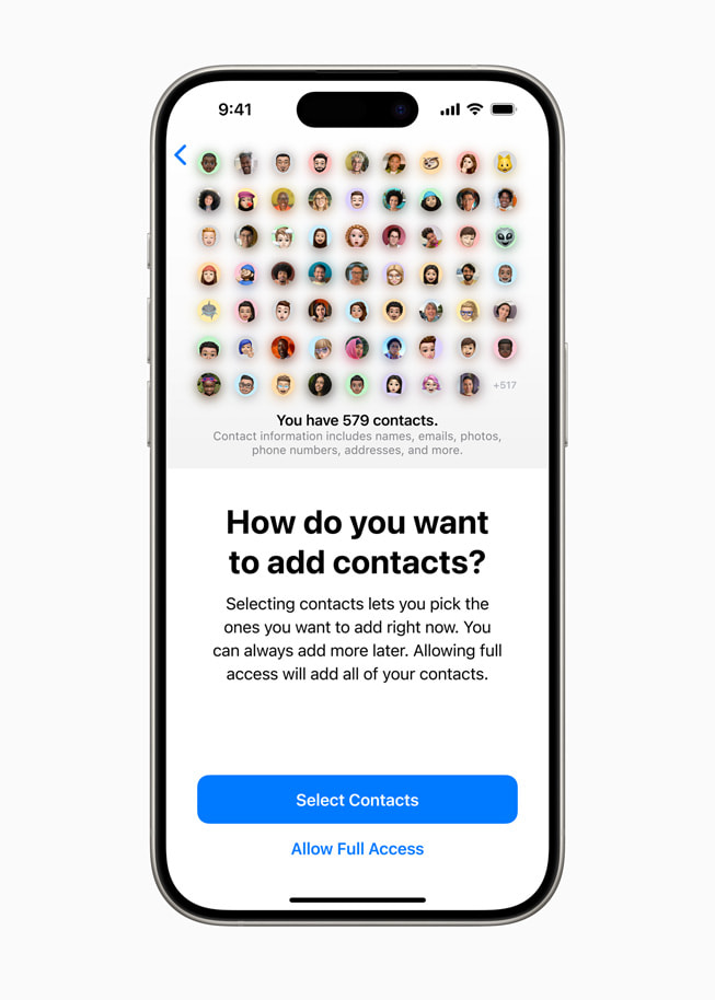 iPhone 15 Pro displays a screen with the prompt “How do you want to add contacts” and the options “Select Contacts” and “Allow Full Access.”
