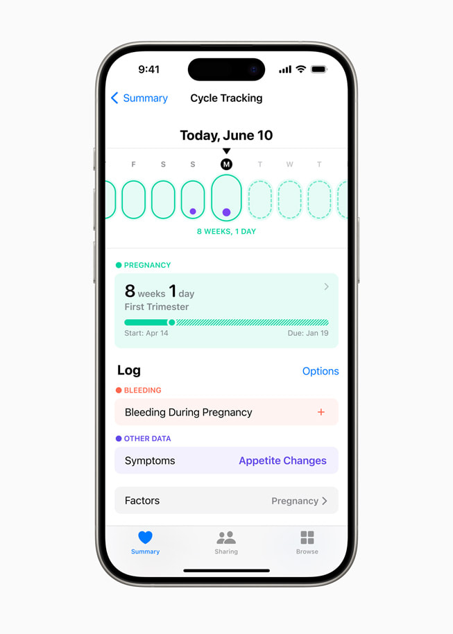 iPhone 15 Pro viser Helse-appen med en graviditetssporer og symptomer.