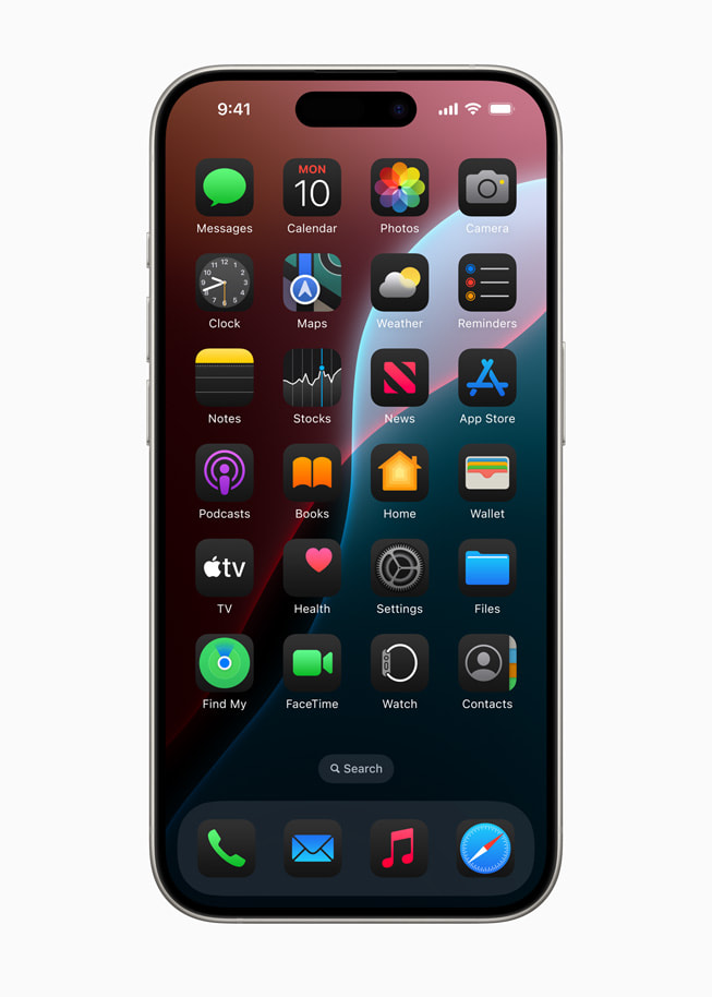 Un iPhone 15 Pro che mostra icone di app e widget con un effetto chiaro sulla schermata Home. 