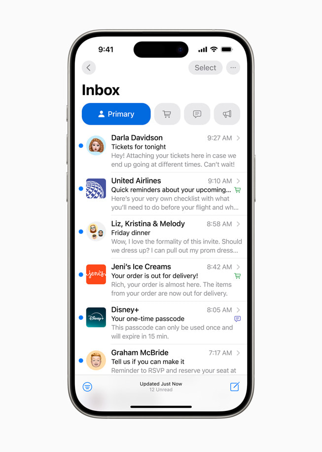 iPhone 15 Pro displays an inbox in Mail with the label Primary shown above a series of emails.