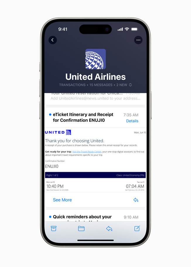 iPhone 15 Pro shows an inbox with multiple emails from United Airlines.