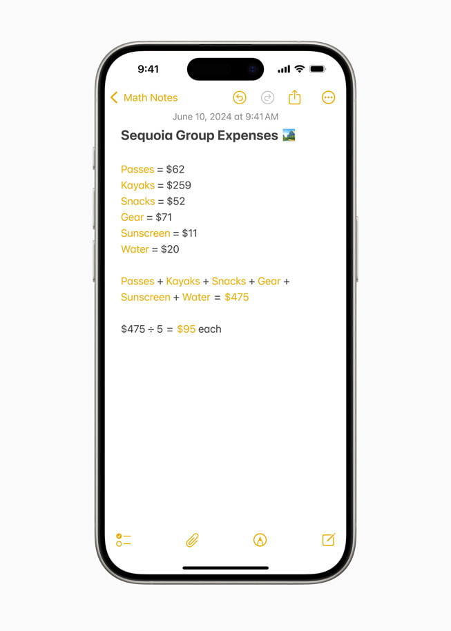 iPhone 15 Pro 的「Math Notes」中顯示對「美洲杉之旅團體支出」的計算。
