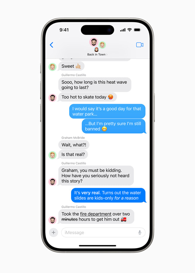 Un iPhone 15 Pro affiche un message en cours de rédaction, avec le mot « bouncing » et l’effet textuel Jitter sélectionnés.