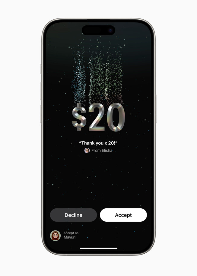 iPhone 15 Pro viser en Tap to Cash-transaksjon på 20 dollar. Under transaksjonen vises to knapper med teksten «Avslå» og «Ta imot».